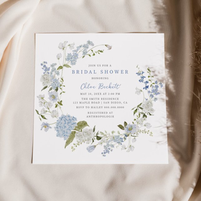 Delicate Blue Floral Wreath Bridal Shower Invitation (Creator Uploaded)