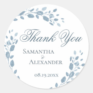 Delicate Blue Floral Wreath Wedding Thank You  Classic Round Sticker