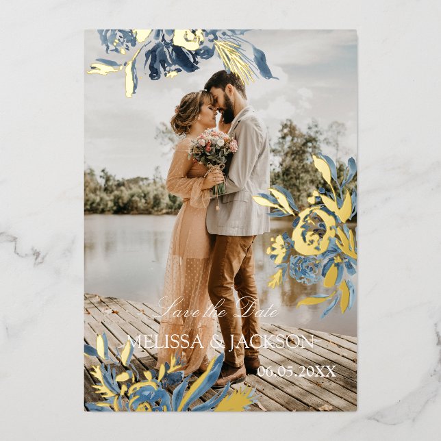 Delicate Blue Flower and Gold Bloom Save the Date (Front)
