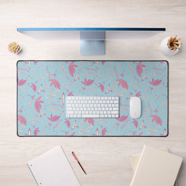 Delicate Blue Flowers and Bows Desk Mat (Office 1)