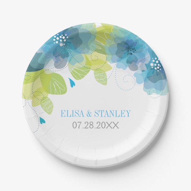 Delicate blue flowers floral spring wedding paper plate (Front)