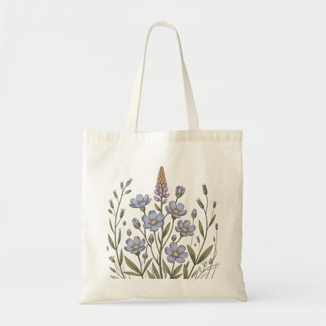 Delicate Blue Flowers & Leaves – Botanical Nature Tote Bag (Front)