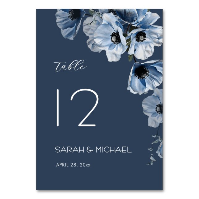 Delicate Blue Flowers Wedding Table Number (Front)