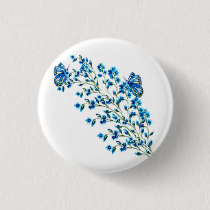 Delicate blue flowers with butterfly 3 cm round badge