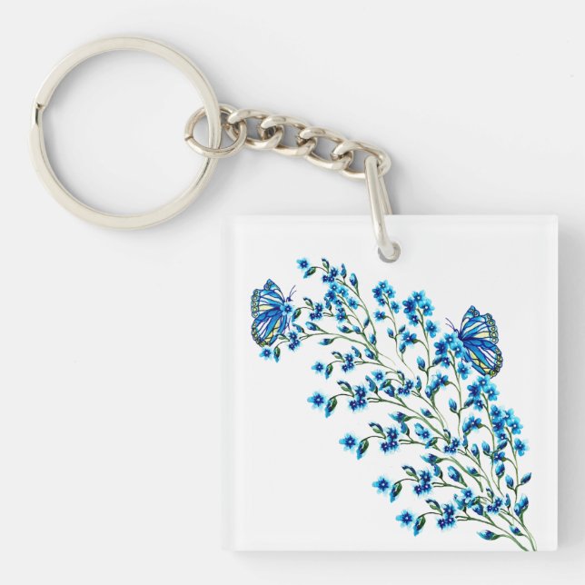 Delicate blue flowers with butterfly key ring (Front)