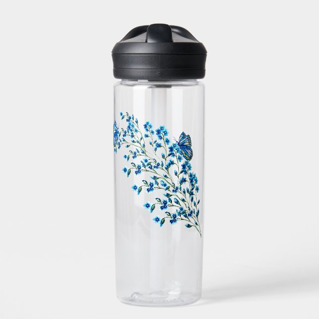 Delicate blue flowers with butterfly water bottle (Front)