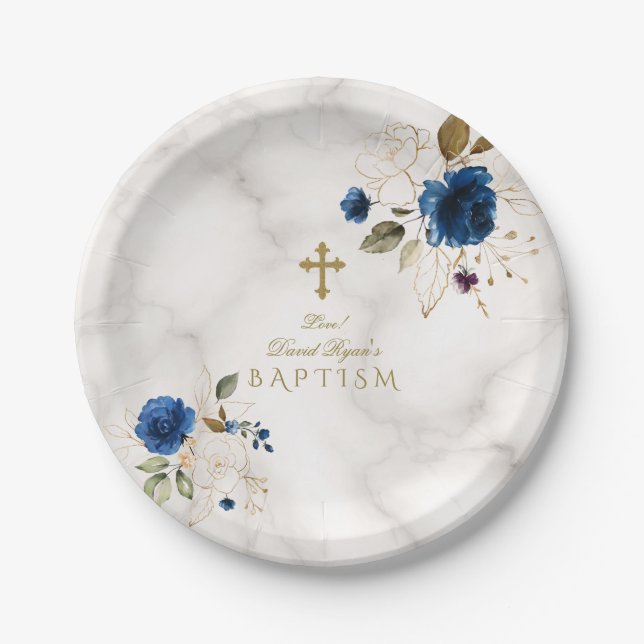 Delicate Blue Gold Flowers Gold Cross Baptism Paper Plate (Front)