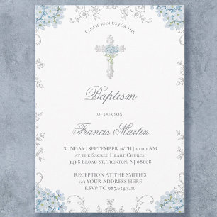 delicate blue Hydrangea frame   Baptism boy Invitation