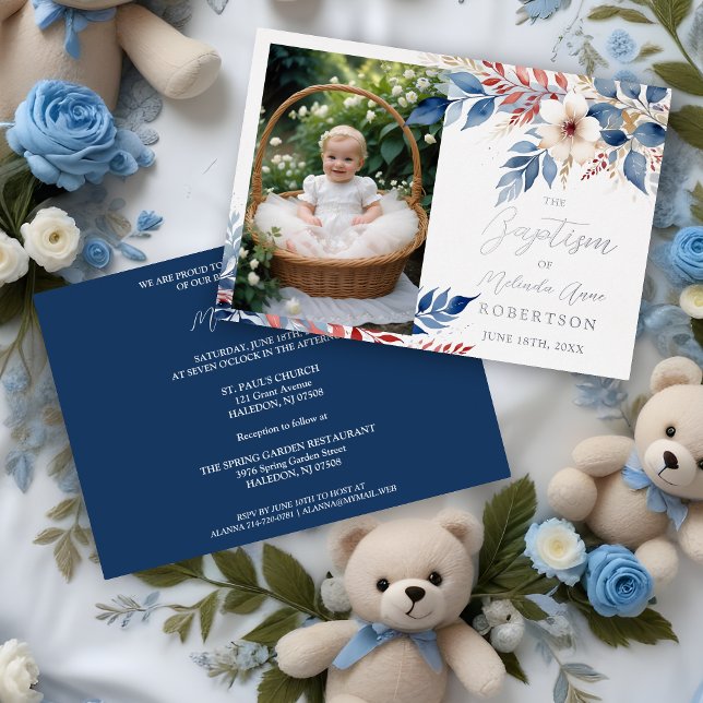 Delicate Blue & Red Shades Floral Botanical Posies (Delicate Blue & Red Shades Floral Botanical Bouquets Photo Baptism Silver Metallic Foil Invitation.)