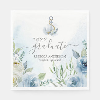Delicate Blue Watercolor Floral Anchors Graduation Napkin