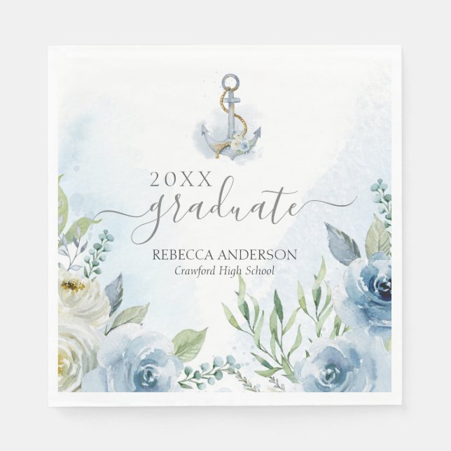 Delicate Blue Watercolor Floral Anchors Graduation Napkin (Front)