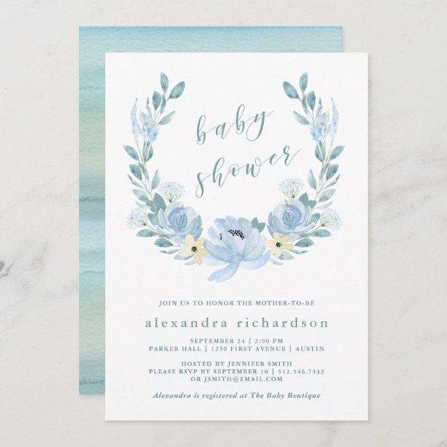 Delicate Blue | Watercolor Floral Baby Shower Invitation (Front/Back)