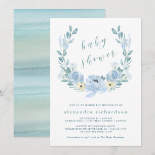 Delicate Blue   Watercolor Floral Baby Shower Invitation