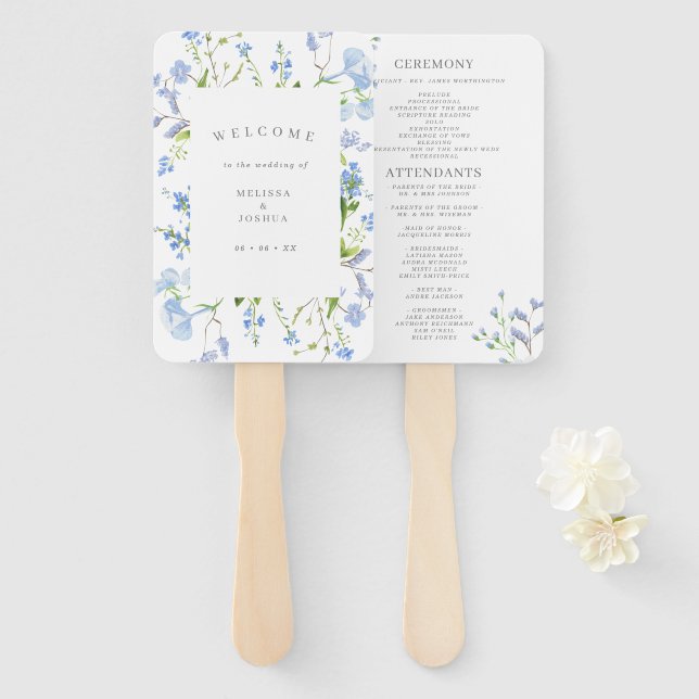 Delicate Blue Watercolor Floral Wedding Program Hand Fan (Front and Back)