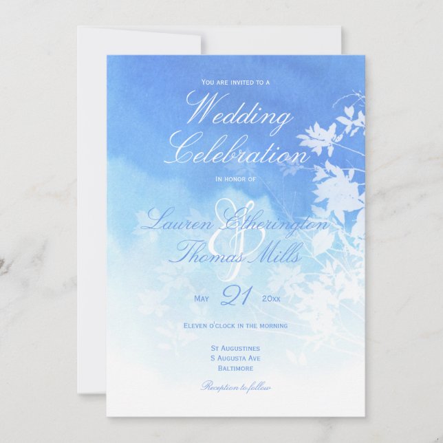 Delicate Blue Watercolour Wedding Invitation (Front)