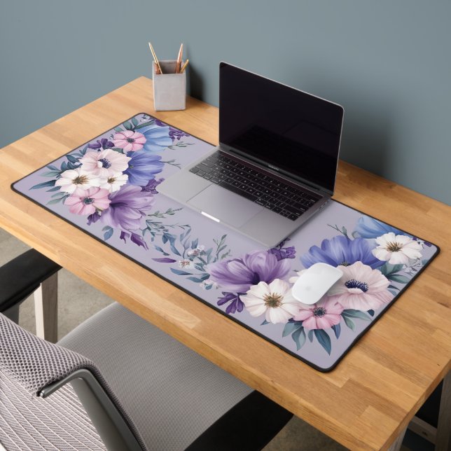 Delicate Blue, White, Pink & Purple Summer Blooms Desk Mat (Office 2)