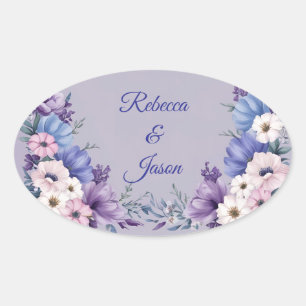 Delicate Blue, White, Pink & Purple Summer Blooms Oval Sticker