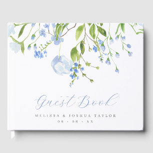 Delicate Blue Wild Flowers Script Wedding Guest Book