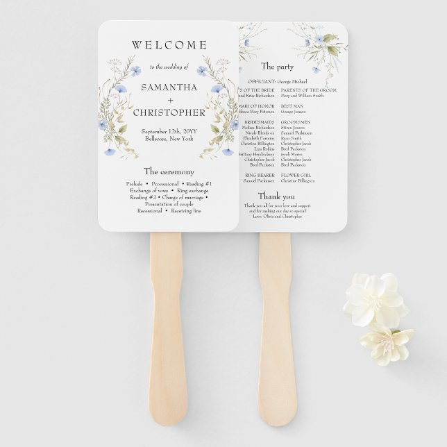 Delicate blue Wildflowers wreath frame program Hand Fan (Front and Back)