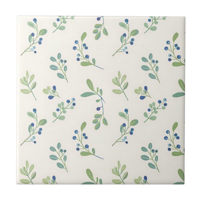 Delicate Blueberry Eucalyptus Pattern Ceramic Tile (Front)