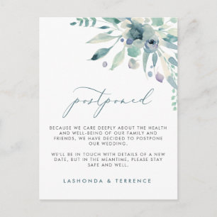 Delicate Blues Floral Wedding Postponement Announcement Postcard