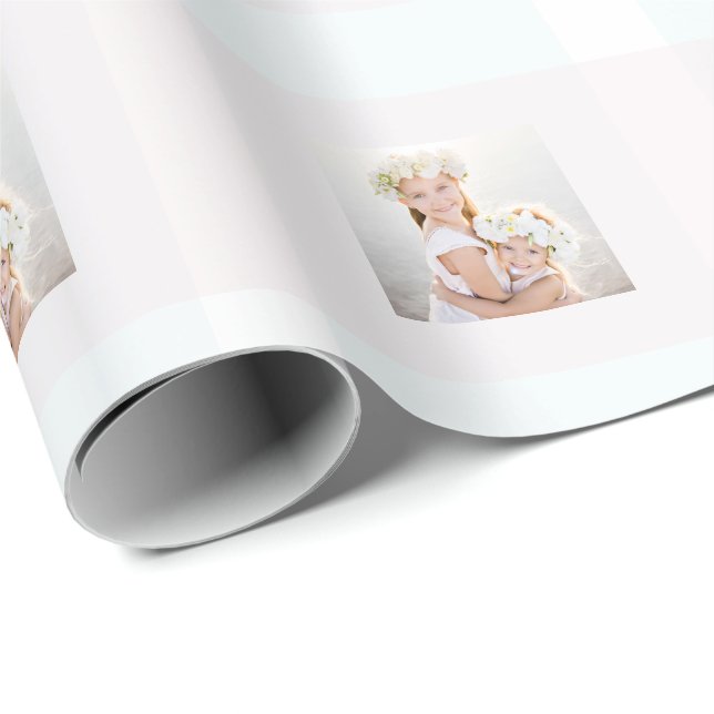 Delicate Blush and Blue Stripes Photo Christmas Wrapping Paper (Roll Corner)