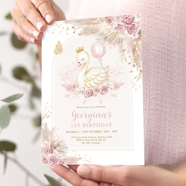 Delicate Blush Boho Swan Princess Girl Birthday Invitation (Creator Uploaded)