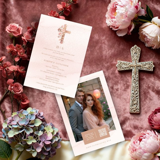 Delicate Blush Glitter Christian Cross Wedding Invitation (Delicate Charming Blush Pink Glitter Christian Cross Wedding Invitation Cards with Back Photo.)