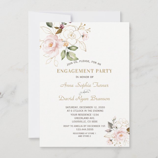 Delicate Blush Gold Flowers Monogram Engagement Invitation (Front)