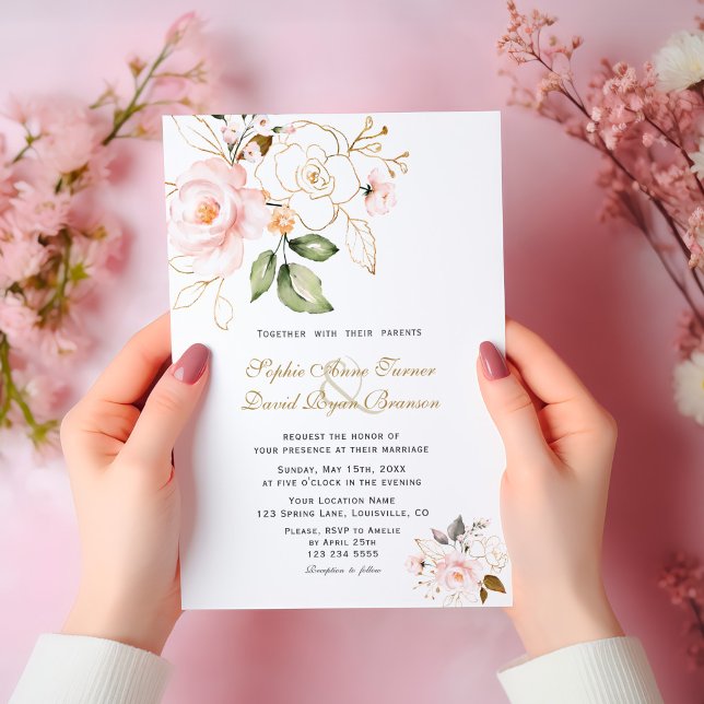 Delicate Blush Gold Flowers Monogram Wedding Invitation (Creator Uploaded)