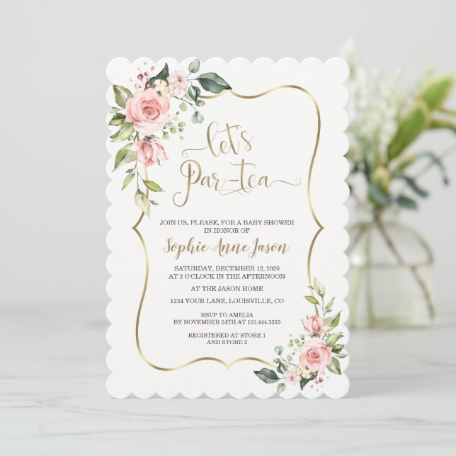 Delicate Blush Pink Floral Baby Shower Tea Party  Invitation (Standing Front)