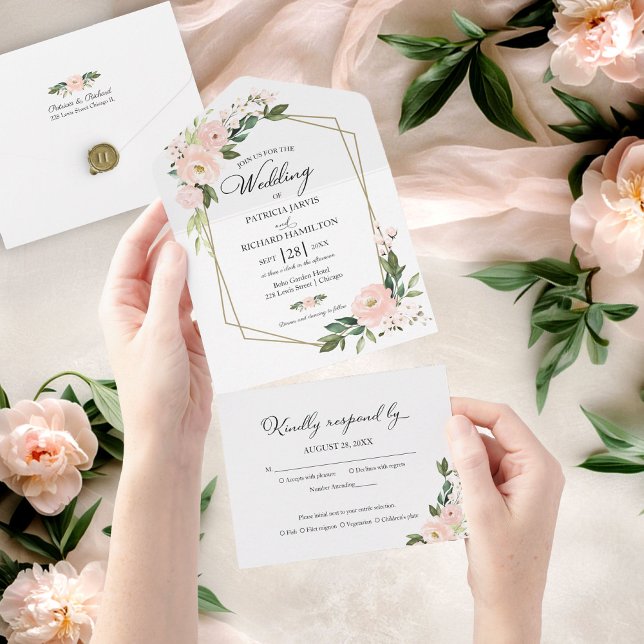 Delicate Blush Pink Floral Geometric Wedding All In One Invitation (Creator Uploaded)