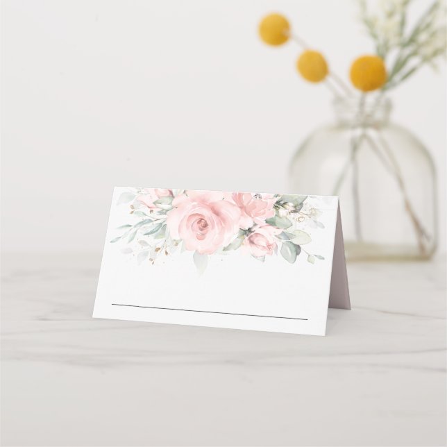 Delicate Blush Pink Floral Wedding Guest Name  Place Card (Front)