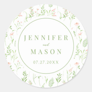 Delicate blush pink green wildflower boho wedding  classic round sticker