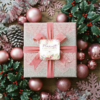 Delicate Blush Pink Poinsettia Gold Frame TM26 Square Sticker