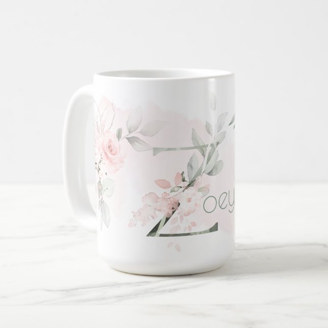 Delicate Blush Pink Rose Monogram Letter Z Coffee Mug (Front Left)