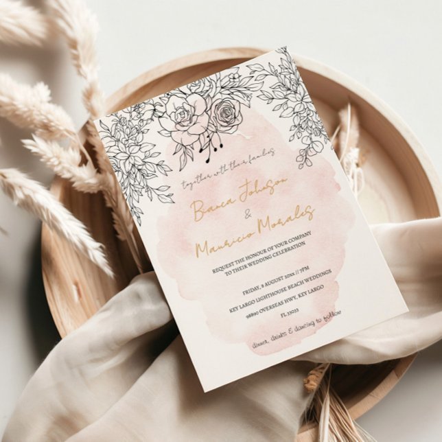 Delicate Blush Wash with Modern Black Botanical  Invitation (Delicate Blush Wash with Modern Black Botanical Invitation)
