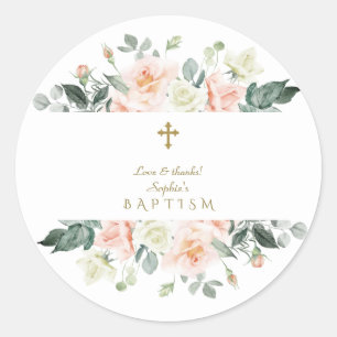 Delicate Blush White Flowers Gold Girl Baptism Classic Round Sticker