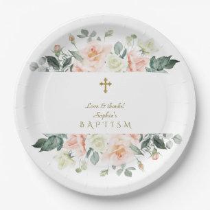 Delicate Blush White Flowers Gold Girl Baptism Paper Plate