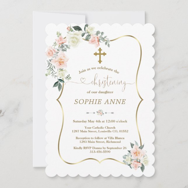 Delicate Blush White Flowers Gold Girl Christening Invitation (Front)