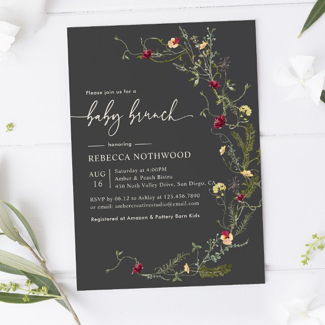 Delicate Boho Dark Grey Wildflowers Baby Brunch Invitation (Creator Uploaded)