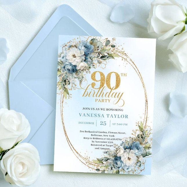 Delicate Boho Dusty Blue Floral Gold 90th Birthday Invitation (Delicate Boho Dusty Blue Floral 90th Birthday)