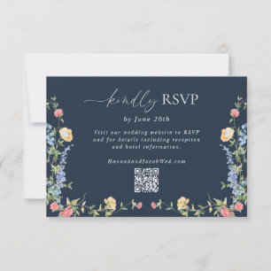 Delicate Boho Wildflower Navy Blue Wedding QR Code RSVP Card