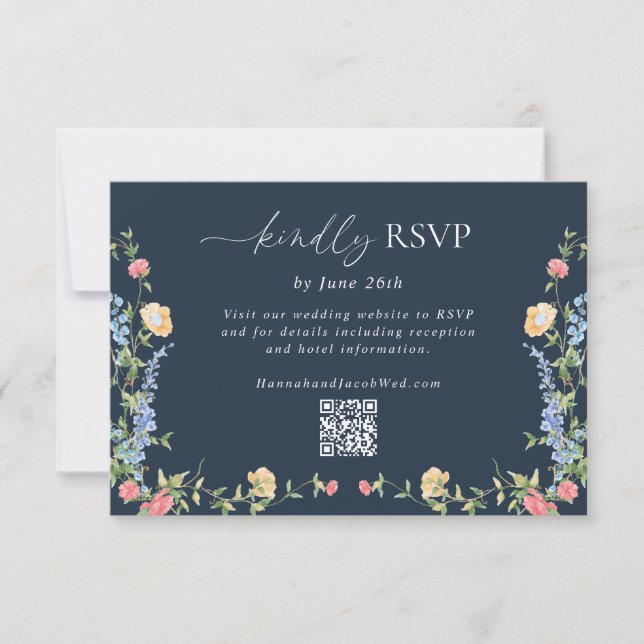 Delicate Boho Wildflower Navy Blue Wedding QR Code RSVP Card (Front)