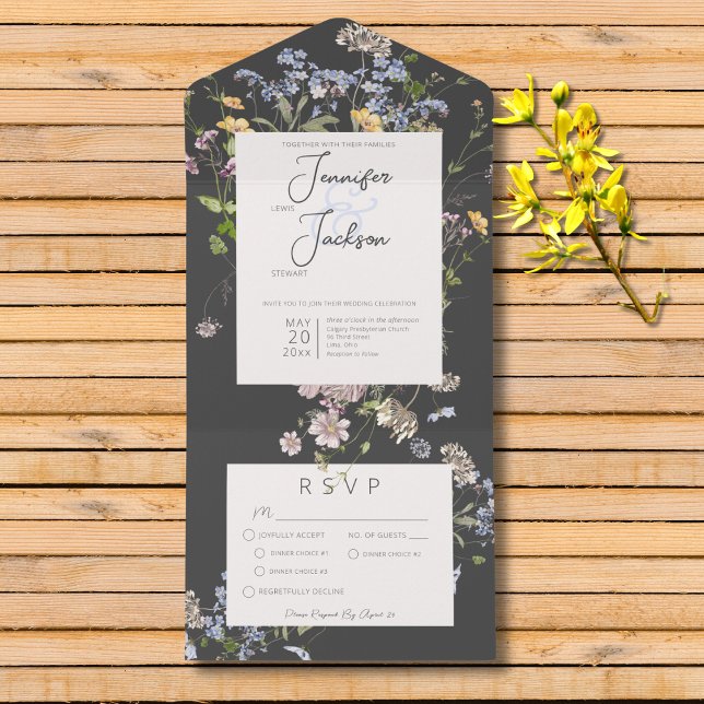 Delicate Boho Wildflowers Charcoal Dinner All In One Invitation (Delicate Boho Wildflowers Charcoal Wedding All In One Invitation with Dinner Options)