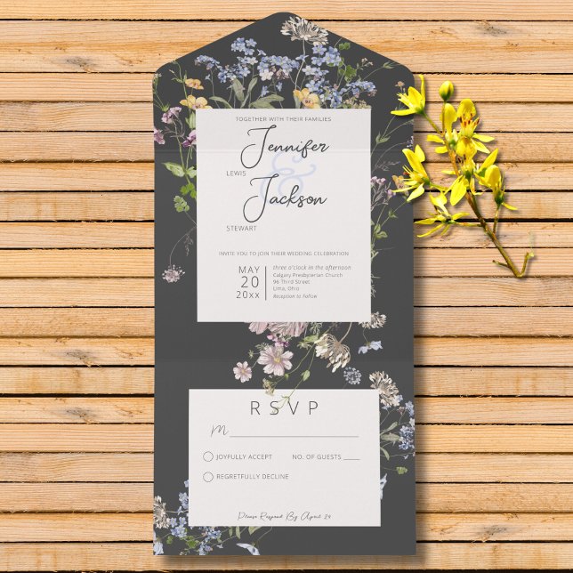 Delicate Boho Wildflowers Charcoal No Dinner All In One Invitation (Delicate Boho Wildflowers Charcoal Wedding All In One Invitation without Dinner Options)