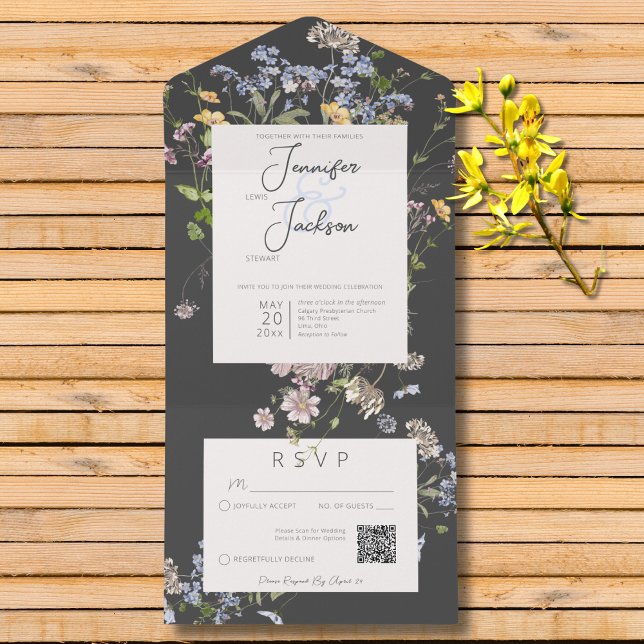 Delicate Boho Wildflowers Charcoal QR Code All In One Invitation (Delicate Boho Wildflowers Charcoal All In One Wedding Invitation with QR Code)