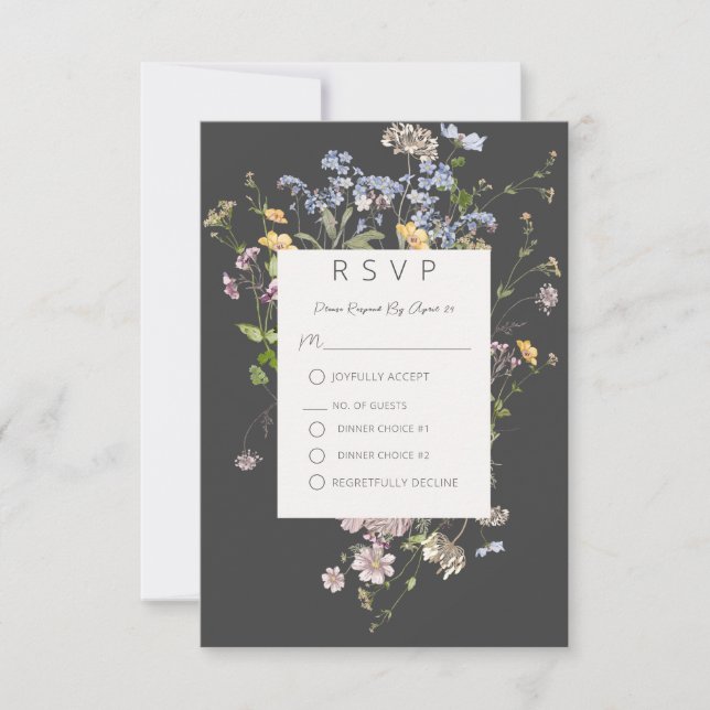Delicate Boho Wildflowers Charcoal RSVP Card (Front)
