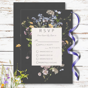 Delicate Boho Wildflowers Charcoal Three Dinner RSVP Card