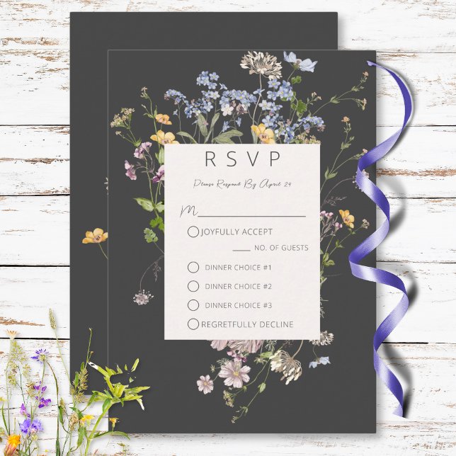 Delicate Boho Wildflowers Charcoal Three Dinner RSVP Card (Delicate Boho Wildflowers Charcoal Three Dinner RSVP Card)